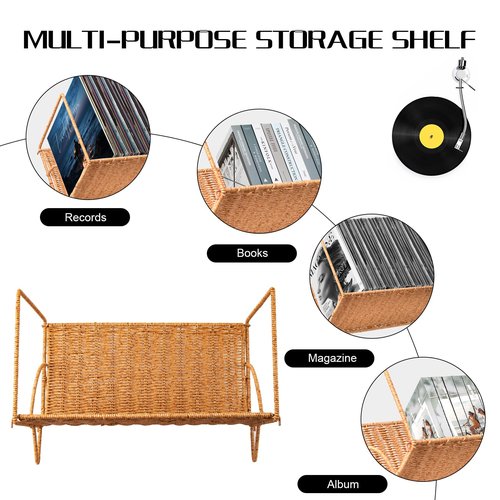 Demine Vinyl Record Storage Rack - Holds 80 LPs | Stylish Woven Record Holder | Multifunctional Storage | Vinyl Display Organizer for Books, Magazines & Files