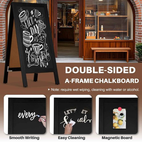 4 THOUGHT A-Frame Double-Sided Magnetic Chalkboard 40"x20", Solid Pine Wood Freestanding Sandwich Board for Restaurants, Cafes, Weddings (Black)