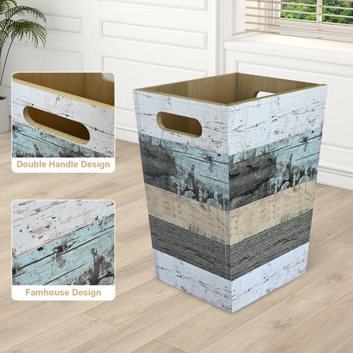 CMINAUS 2 Pack 1.5/2.5 Gallons Wood Trash Can Set Rustic Style Wastebasket with Handles Farmhouse Rectangular Garbage Can Waste Basket Small Trash Bin for Bedroom, Bathroom, Kitchen, Office