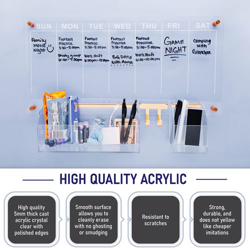 Acrylic Storage Bin for Clear Wall Calendar, 12.4" x 3" x 5.1" Organizer with Gold-Tone Hardware for Pens, Pencils, Office Supplies, and Art Supplies. Perfect Accessory for Home & Office (Storage Bin)