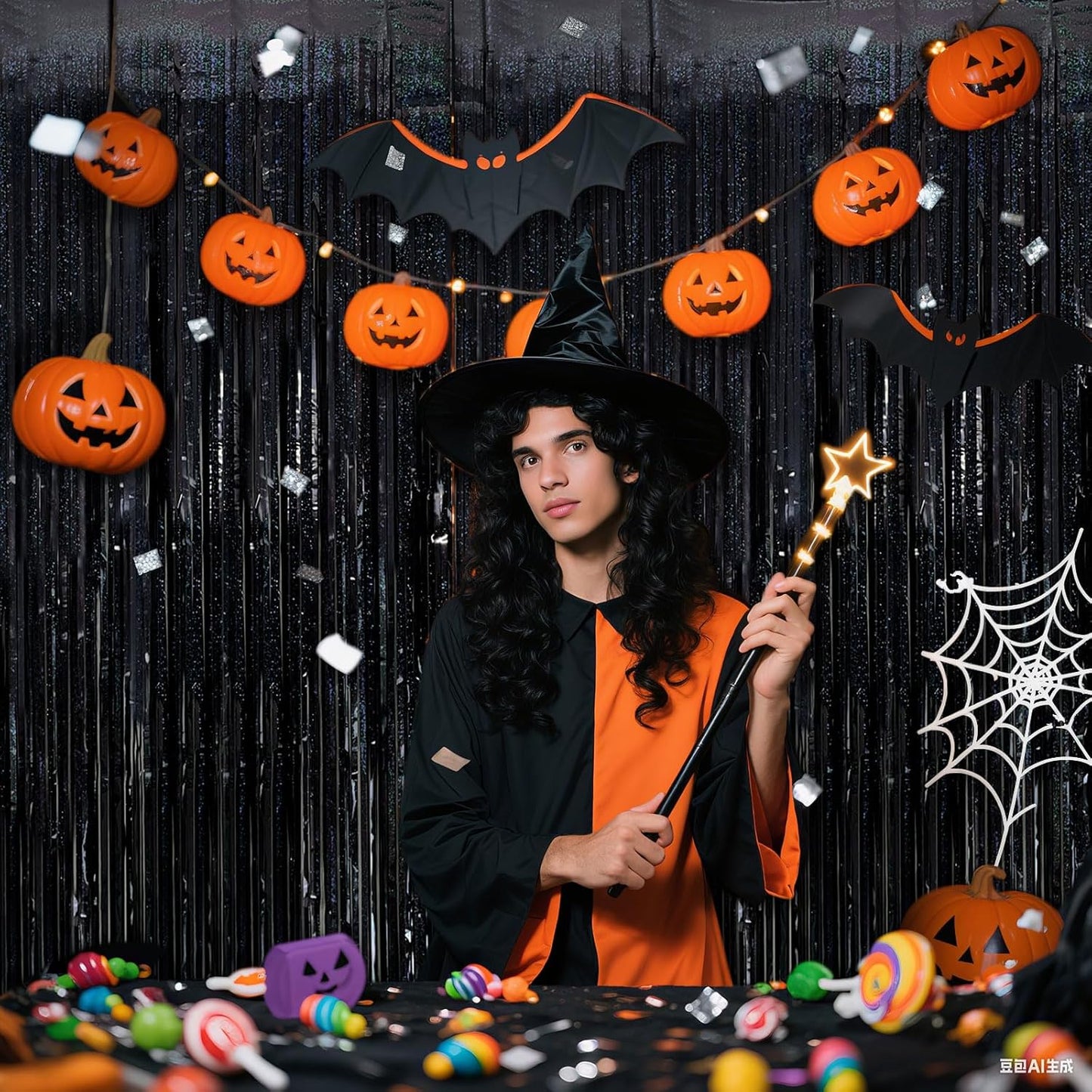 Skiennix Black Streamers - 2 Pack Tinsel Backdrop Curtains for Birthday & Halloween Parties