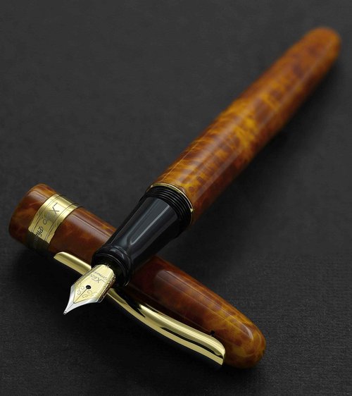 Xezo Phantom Fountain Pen, Medium Nib. Autumn Brown Enamel with 18 Karat Gold Plating. Hand-Enameled, Limited Edition, Serialized. No Two Alike