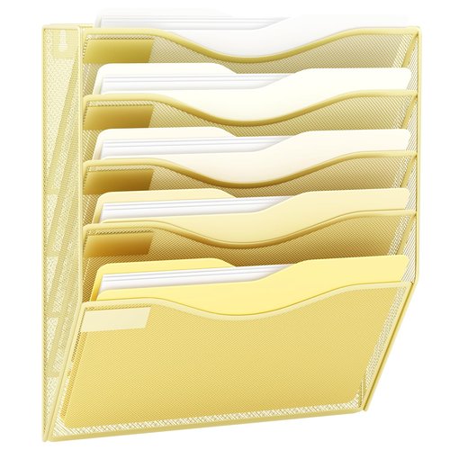JessYo Office 5 Pocket Mesh Wall File Holder Hanging Folder Organizer Wall Mounted Magazine Document Rack, Gold