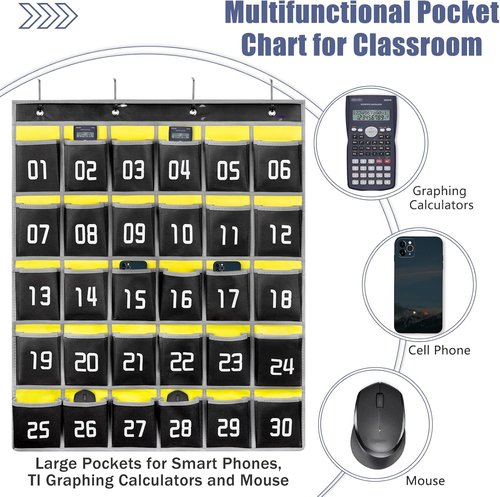 Loghot Classroom Pocket Chart - 30 Pocket Cell Phone Holder Organizer | Wall & Door Hanging - Black