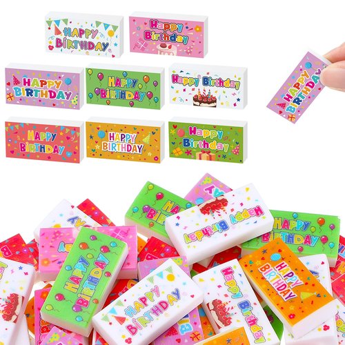 Dunzoom 100 Pcs Happy Birthday Erasers Bulk Mini Erasers for Classroom Fun Assortment Birthday Gifts for Back to School Teacher Reward Party Supplies, 8 Styles, 1.6 Inch