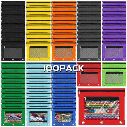 IKAYAS 100 Pack Pencil Pouch for 3 Ring Binder bulk Binder Pencil Pouch with Zipper, Pencil Pouches Pencil Bags for Classroom bulk Pencil Box Pencil Case for Storing School Students Teacher Supplies
