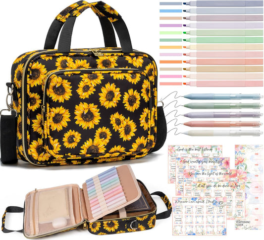 Skiennix Bible Cover Case for Women - Large Bible Bag with Shoulder Strap & Journaling Kit | Pastel Highlighters & 75 Tabs