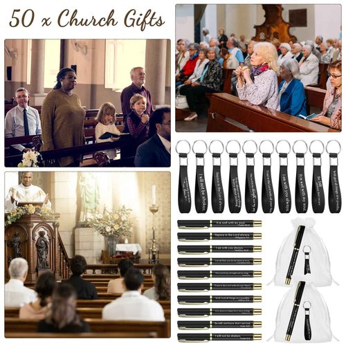 Spakon 50 Sets Father's Day Gifts for Church Christian Pens Silicone Bible Verse Keychains Bulk for Men Inspirational Scripture Metal Pen Religious Gifts for Sunday School Teacher Men Party Supplies