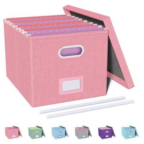 Oterri File Organizer, File Box, File Cabinet for Letter File Folder Storage, Portable Storage Bins with Lids for Office/Decor/Home, 1 Pack, New-pink-Box only