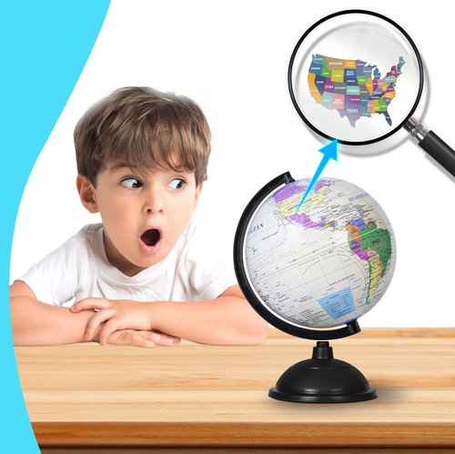 KISEER 8-Inch Rotating World Globe - Educational Spinning Earth for Kids | White Stand