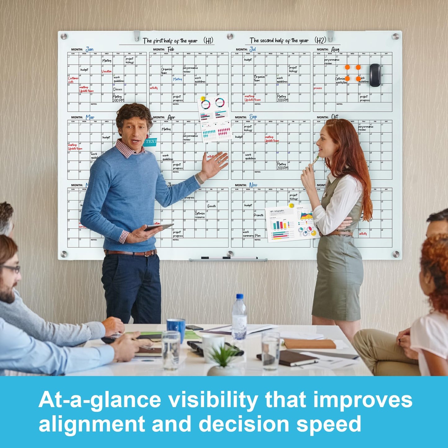 Large Glass Dry Ease Calendar for Wall, 72 x 48 Inches Magnetic Glass Yearly Calendar Whiteboard, 6' x 4' Frameless Planner Board for Office, Home, School