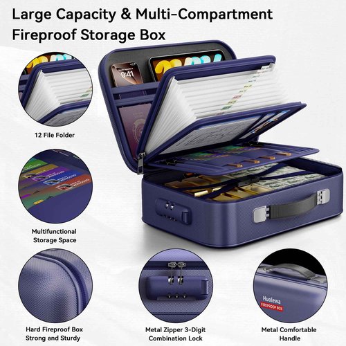 Fireproof Document Box, Hard Case Fireproof Box with Lock, Portable Hard-Shell Fireproof Water Resistant Document Safe for Important Documents, Laptops, Passports, Files and More (Blue)
