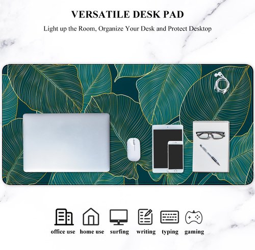 Auhoahsil Desk Mat, Ultra Large Mouse Pad, XXL Gaming Mousepad, Green Tropical Leaves Deskpad, Big Extended Full Size Mouse Pad, Desktop Desk Matt for Keyboard, Laptop & Computer, 35.5 x 15.7 in