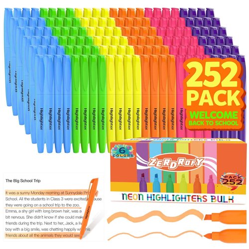 ZERDROFY 252 Count Highlighters Assorted Colors Bulk - No Bleed Dry-Quickly Chisel Tip 6 Colors Highlighter Markers Set for Kids Adults, Classroom Office Must Have, Back to School Supplies for Teacher