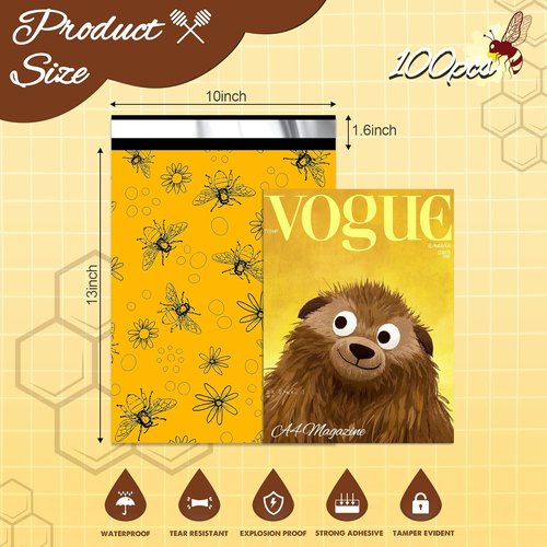 Bees Poly Mailer - Waterproof 10x13 Inch Shipping Bags | 100 Pcs Tear-Resistant Self-Seal Mailing Bags