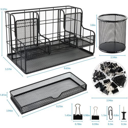 BCCICE Desk Organizers Caddy and Accessories with 7 Compartments + Pen Holder / 72 Clips Set, Drawer, Black Mesh Office Supplies Desktop Organizer for Home, Office Ect