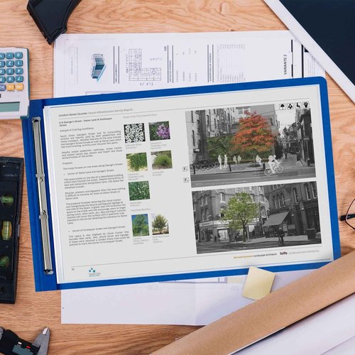 Performore - 10 Pack of 11 x17 Landscape Pressboard Presentation Binder Folders with 50 Sheet Protectors. Blue Fiberboard Report Covers with 3" Capacity Metal Prong Paper Fastener to Bind Reports