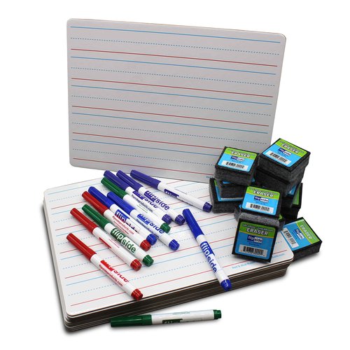 Flipside Products 9" x 12" Two Sided Dry Erase Red & Blue Lined, Color Markers and Erasers, Ruled, Learn to Write, Writing Practice, Pack of 12