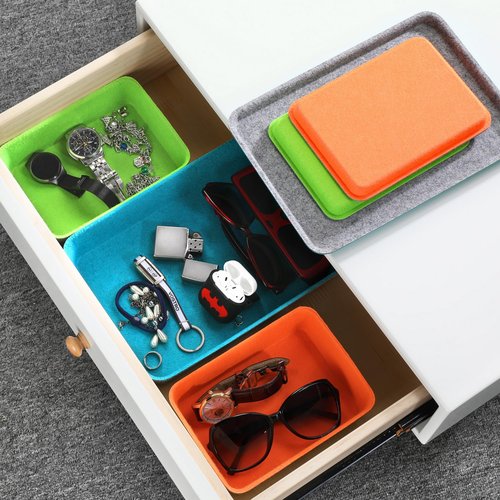 Welaxy stackable Lidded drawer organizer bins home office work desktop storage box with lid for junk makeup stationery decluttering sorting 3-pack (Orange + Green + Turquoise)