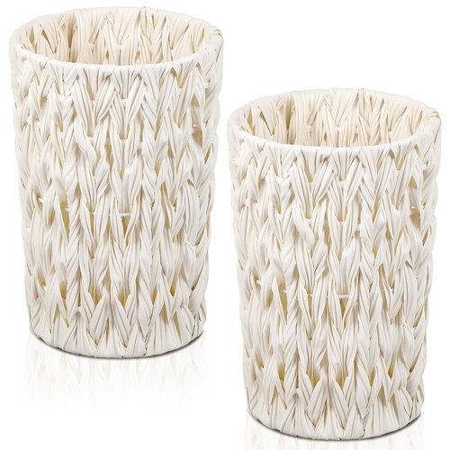 LOYIM 2 Pcs Wicker Trash Cans 2 Gallon Rattan Waste Baskets for Bathroom Wicker Waterproof Boho Trash Cans Compact Woven Round Decorative Waste Baskets for Bedroom Office Bathroom(White)