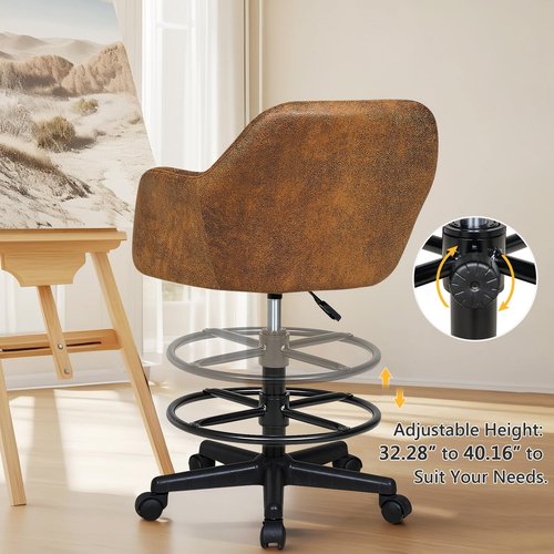 VECELO PU Leather Drafting Chair with Low Back and Footrest Ring, Height Adjustable, Swivel Rolling Wheels, for Drawing/Standing Desk/Office, Brown