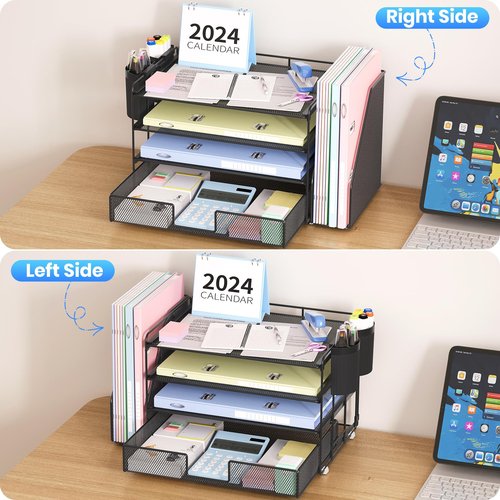 OPNICE Desk Organizer and Accessories, 4-Tier Desktop File Organizer with Drawer and 2 Pen Holders, Office Desk Accessories for Office Supplies(Black)