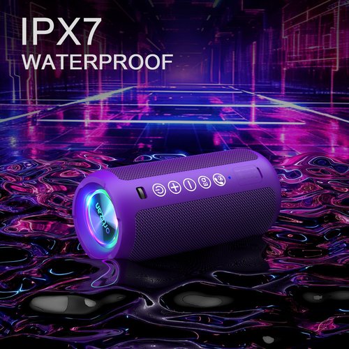 Ortizan Portable Bluetooth Speaker: IPX7 Waterproof, 24W Loud Sound, Deep Bass, Bluetooth 5.3, LED Lights, Wireless Stereo Pairing, 30H Playtime, for Home/Outdoor/Party/Beach, Birthday Gift (Purple)