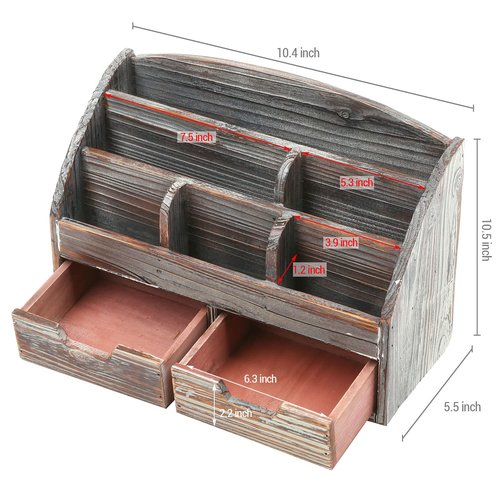 MyGift Torched Wood Desktop Organizer - Includes 6 Compartments and 2 Pullout Drawers to Organize Office Supplies and Accessories