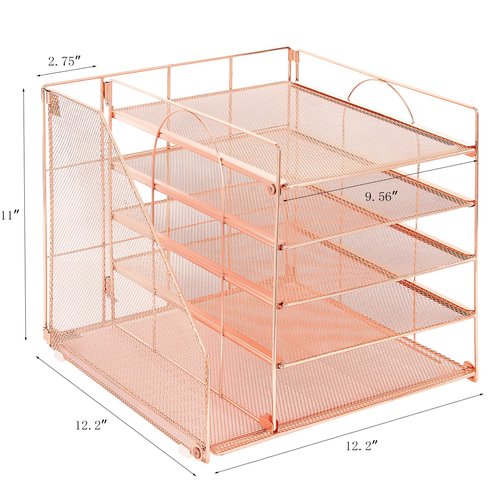 LEKETREE Desk Organizers and Accessories, 5-Tier Paper Letter Tray Organizer with File Holder, Desktop Organizer for Office Supplies, Office Desk Accessories & Workspace (Rose Gold)
