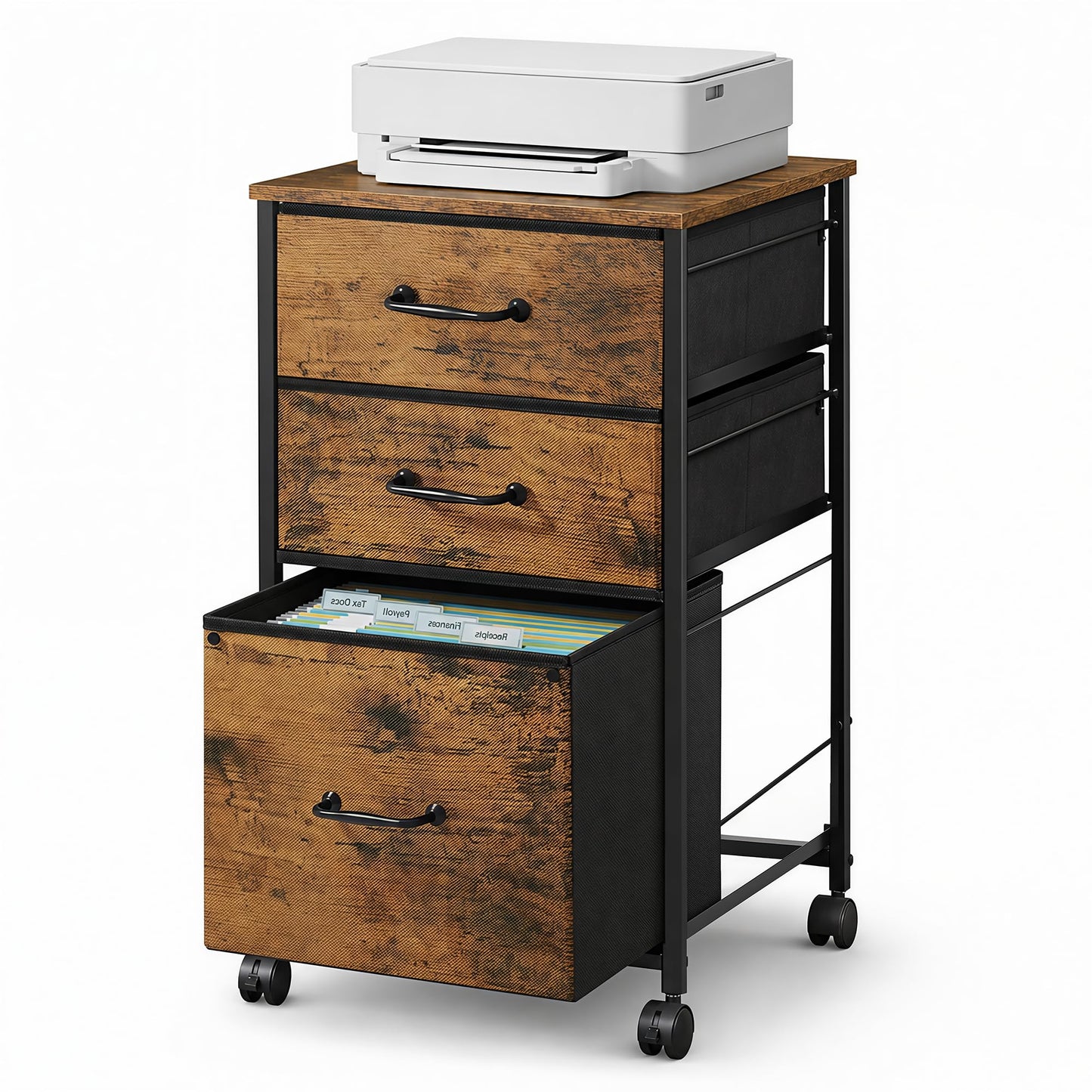 DEVAISE Mobile File Cabinet, Rolling Printer Stand with 3 Drawers, Fabric Vertical Filing Cabinet fits A4 or Letter Size for Home Office, Rustic Brown Wood Grain Print