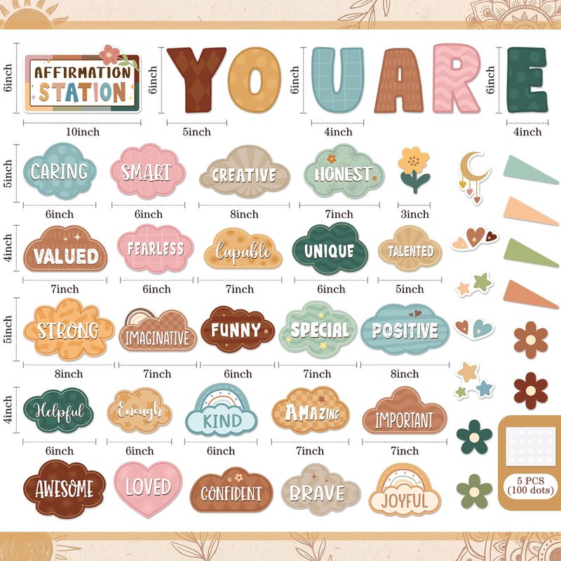 Weekgrat 45pcs Classic Boho Bulletin Board Set Motivational Posters Classroom Mirror Growth Mindset Decor Positive Affirmations Accents Cutouts for School Office Home Teacher Wall