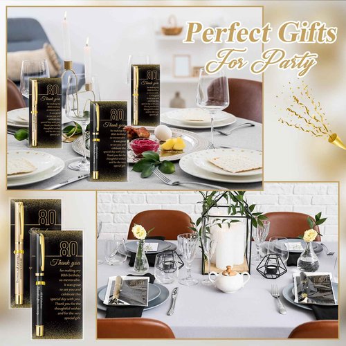 Feifeiya 50 Set 80th Birthday Party Favor for Guest Anniversary Party Favor with Black and Gold Ballpoint Pens and Thank You Cards for Women Men Birthday Anniversary Appreciation Gifts