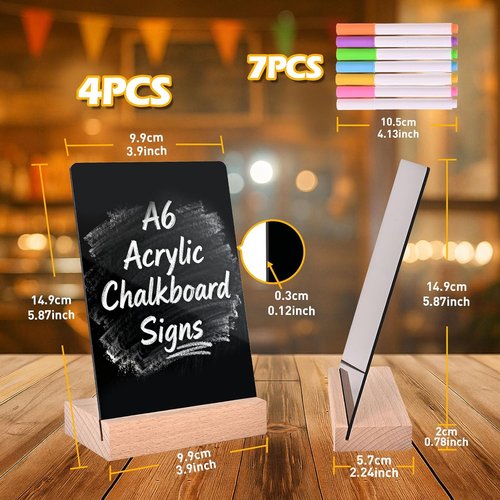 PINTUSON Mini Chalkboard Signs - Double-Sided Erasable Table Numbers with Wooden Stand | 4x6 Acrylic Food Labels for Parties & Weddings