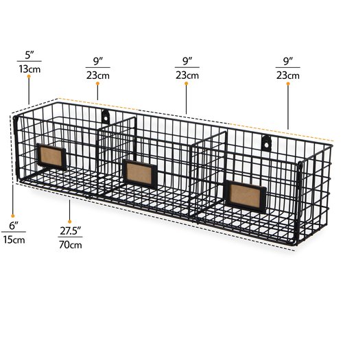 Wall35 Amalfi Hanging File Folders Office Desk Organizer Wall Mount Wire Basket Storage Magazine Holder 3 Sectional Set of 2 Black