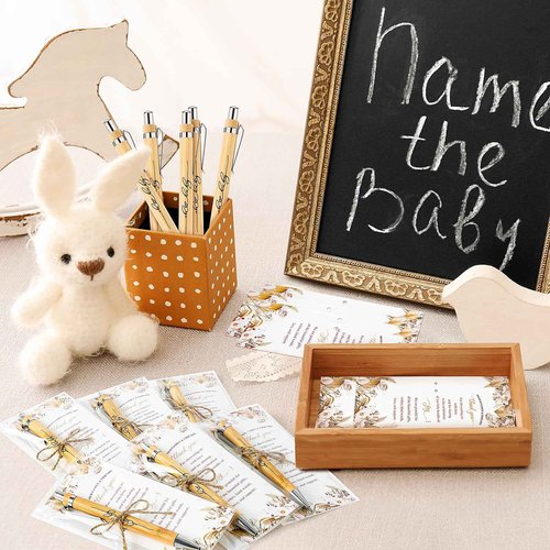 EYNDYN 100 Set Boho Baby Shower Ballpoint Pens Gifts Bulk for Guest Wood Bamboo Pens With Thank You Cards Bohemian Pampas Grass Floral Girl Boys Party Favors Souvenirs Prizes