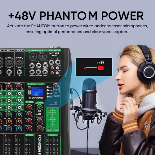 MIZISNR Audio Mixer 8 Channel, Professional Music Sound Mixer Board with Reverb, Digital DJ Mixing Console with 48V Phantom Power USB Port Bluetooth for Recording Karaoke Podcasting (AX-80)