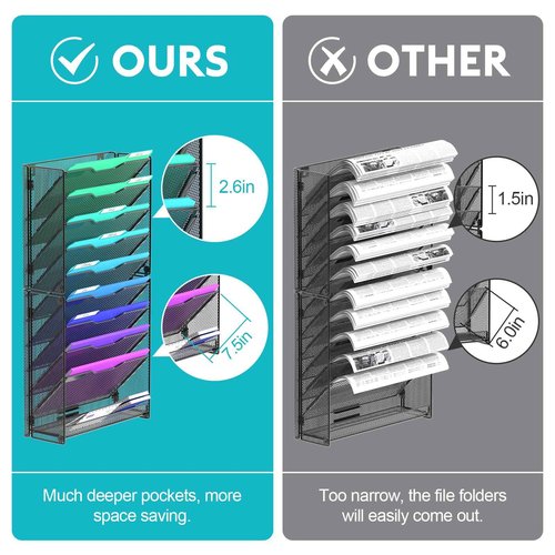 samstar 10 Tier Wall File Organizer, Hanging Wall Mount File Holder Paper Folder Mail Organizer, Mesh Metal, Black.
