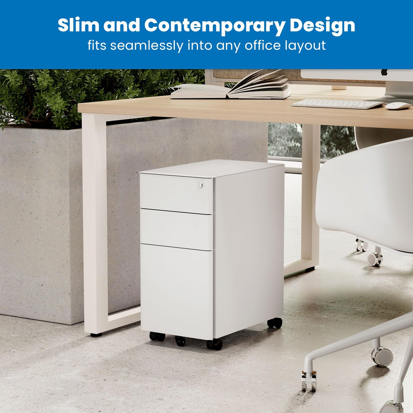 Mount-It! Slim 3 Drawer White File Cabinet with Lock, Mobile Metal Filing Cabinet on Wheels, Under Desk Storage Drawers for Home & Office, Letter Legal A4, White