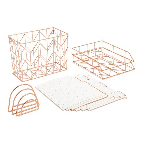 U Brands Desktop Fashion Filing Set, Desktop Organizer, Wire Metal, Rose Gold, 10 Pieces