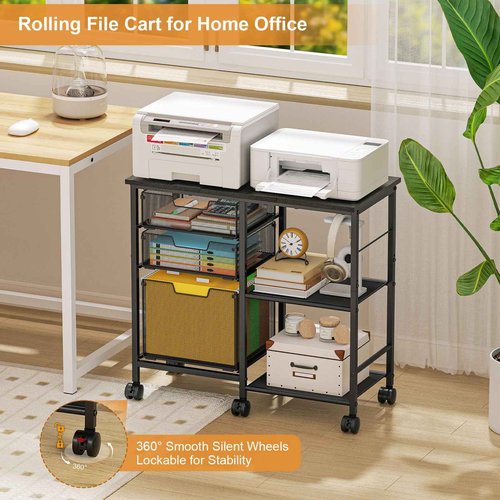 Sbanmao 3 Drawers Rolling File Cabinet with Open Storage Shelf, Under Desk Storage, Hanging File Folder Organizer with Wheels, Mobile Printer Stand Utility Craft Cart for Home Office, Black