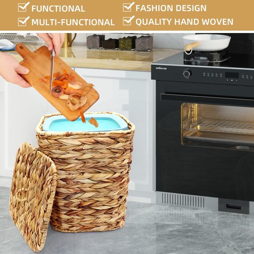 Oranwell 3 Gallons Wicker Waste Basket Can with Lid & Liner, Handwoven Wastebasket Wastepaper Basket with 60Pcs Bag, Wicker Trash Garbage Rubbish Can Bin Basket for Bedroom Bathroom Kitchen Office