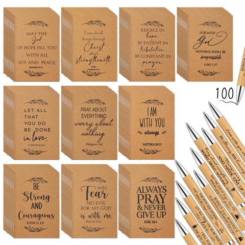 Fuutreo 200 Pcs Christian Gift Bible Verse Prayer Journals Bible Pens Inspirational Religious Notebook Mini Scripture Pocket Notepad for Church Pastor Christmas Men Women Sunday School (Classic Style)