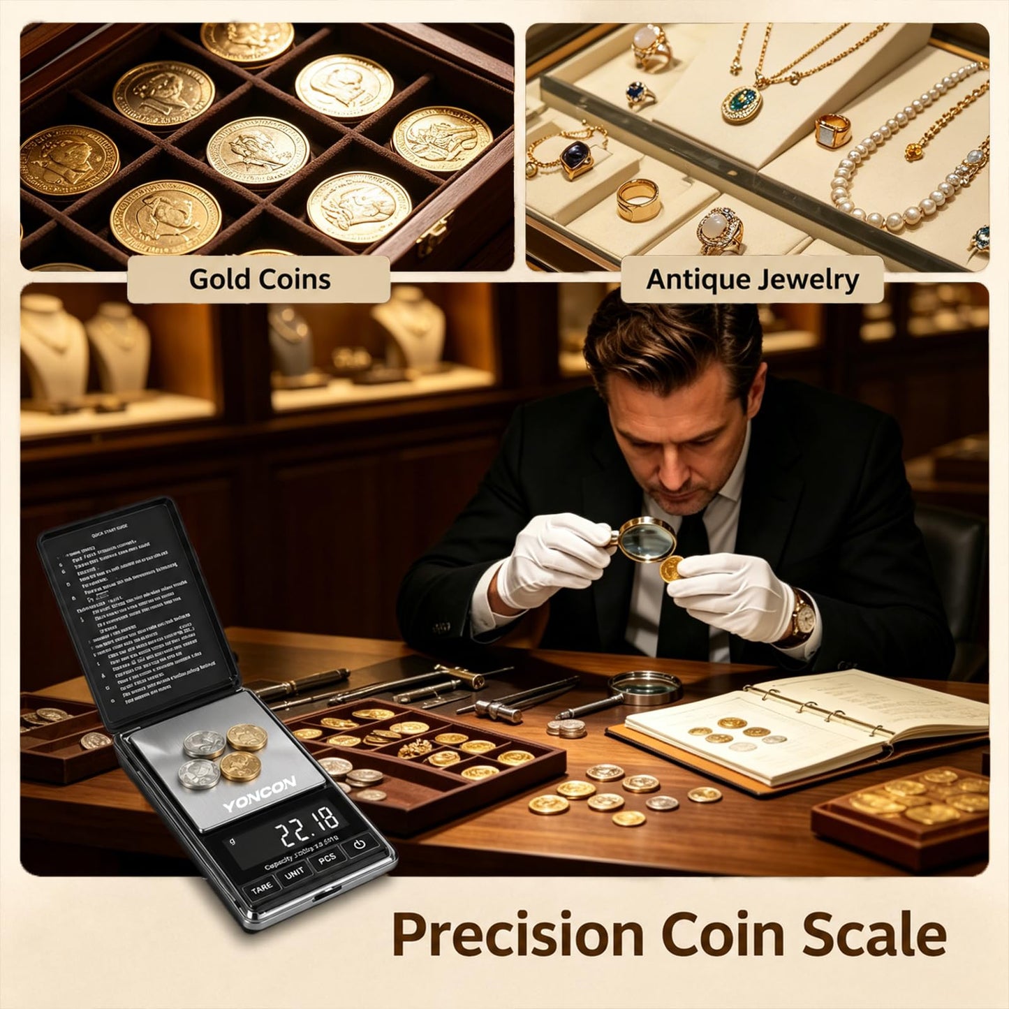 YONCON Digital Coin Scale, Gram Scale 0.01g Accuracy for Coin Collectors, Bank Tellers and Home Use, Ideal Scale for Gold and Jewelry, 200g Capacity with Calibration Weight