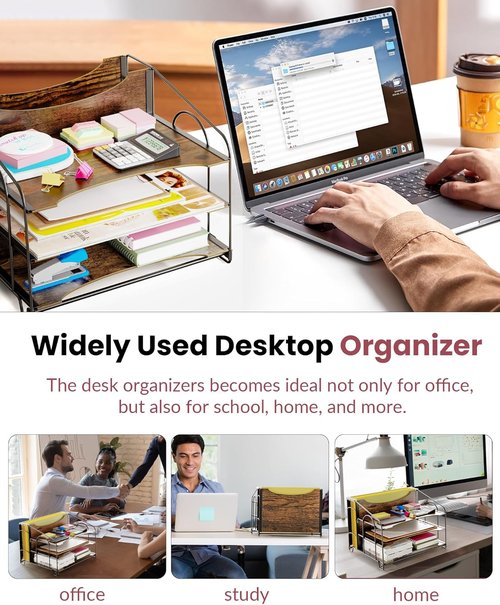 Oterri Wood Desk File Organizer - 3-Tier Metal Paper Tray with Folder Holders | Office & Home Use