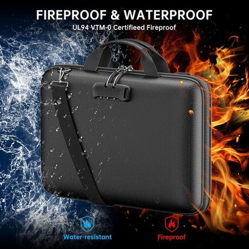 Fireproof Document Organizer - Hard-Shell Case with Lock & Shoulder Strap | Portable 13-Pocket File Folder - Black