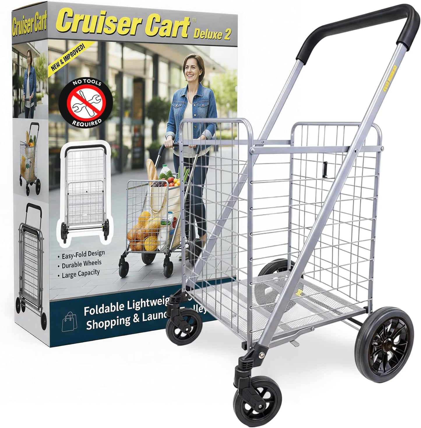 **dbest Products Cruiser Cart Deluxe - Heavy-Duty Foldable Shopping Cart with Wheels & Brake - 100 lbs Capacity, Silver Alloy Steel**