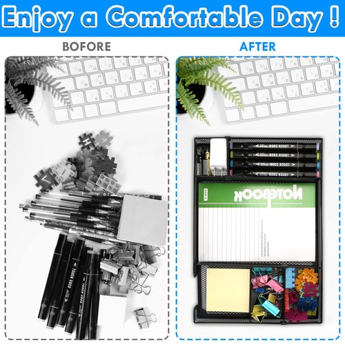 EsOfficce 2 Pcs Desk Drawer Organizer Tray with Adjustable Compartments, 6 Grid Metal Mesh Drawer, Multi-use Desk Organizer Storage Box Set for Office,Home,School Supplies, 12.6X9X1.9 inch