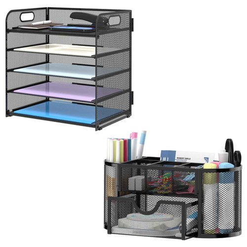 SUPEASY Bundle 5 Trays Paper Organizer & Mini 9-Grid Pen Holder (Black)