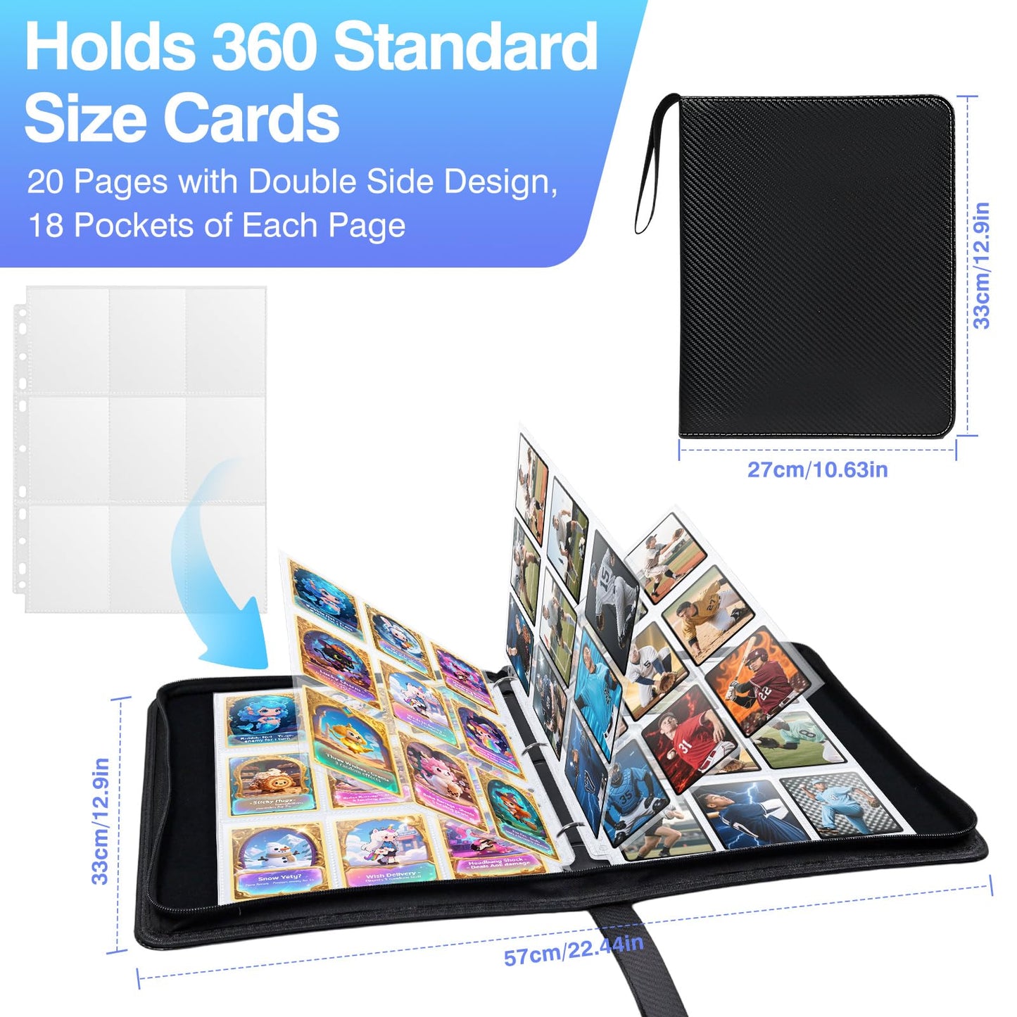 360 Pockets Binder Card Sleeves Double-Sided 9 Pocket Trading Card Pages for 3 Ring Binder, Clear Plastic Pages Sleeves for Sport Cards, Business Cards, Game Cards, Photos (20 Pack)
