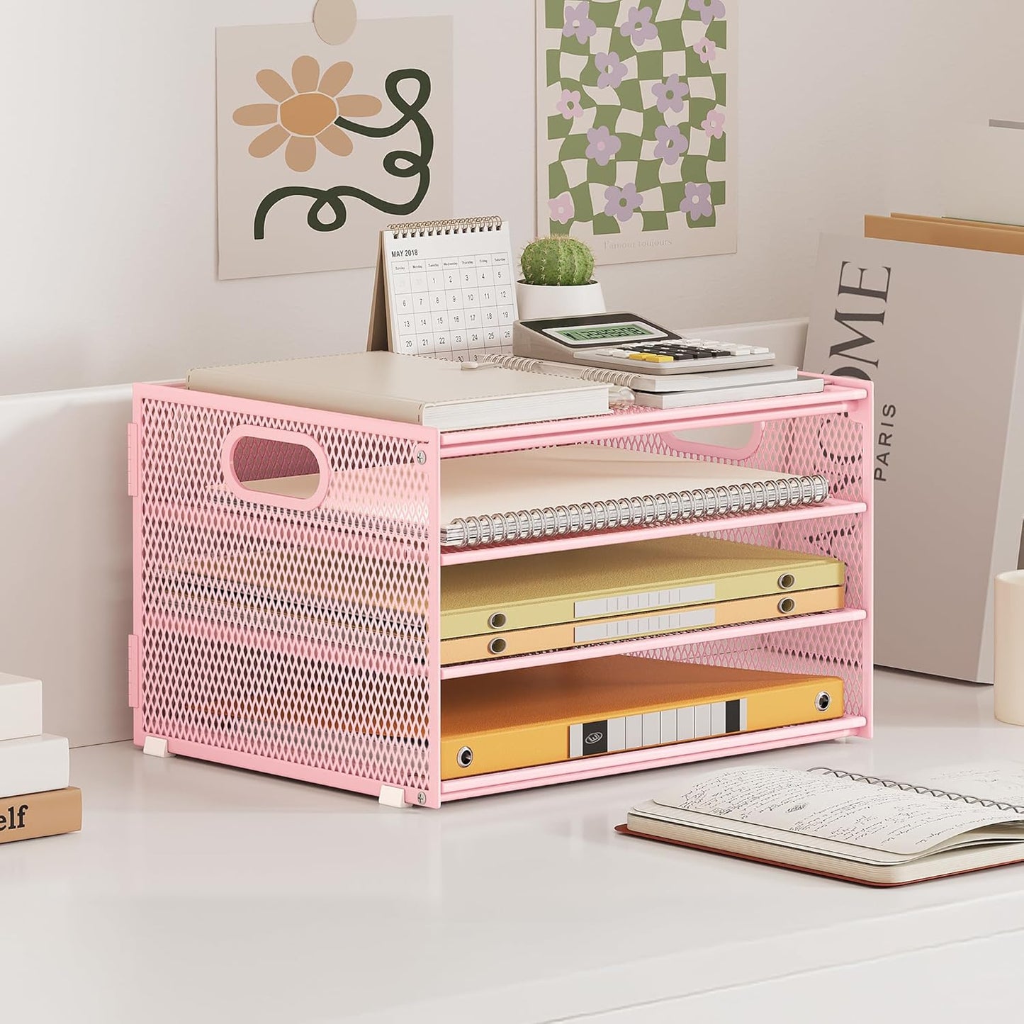 Subekyu Desk Organizer - Pink Metal Mesh Letter Tray with Handle & 2 Sliding Trays for Home Office